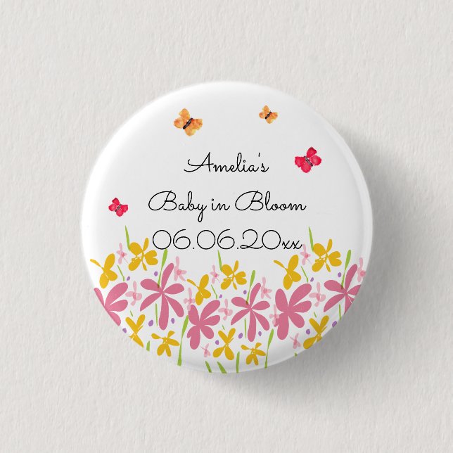 Hübsch Pink Wildblume Baby in Bloom Personalisiert Button (Vorderseite)