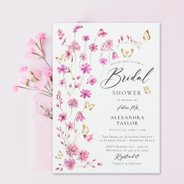 Hübsch Pink Wildblumen Schmetterlinge Brautparty Einladung (pretty pink wildflowers gold butterflies elegant boho bridal shower invitation garden rustic girly)