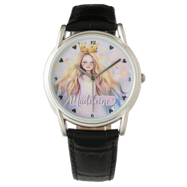 Hübsch Princess Girl Rainbow Wasserfarbe Armbanduhr (Vorderseite)