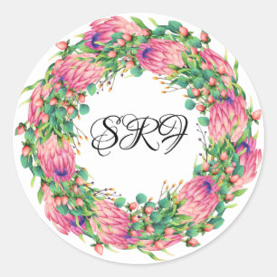 Hübsch Protea-Wreath-Monogramm-Aufkleber Runder Aufkleber