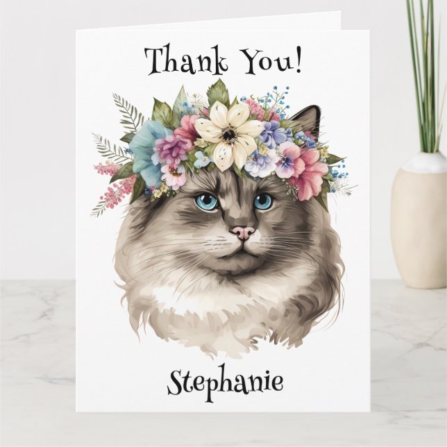 Hübsch Ragdoll Cat Floral Personalisiert Danke Karte (Vorderseite)