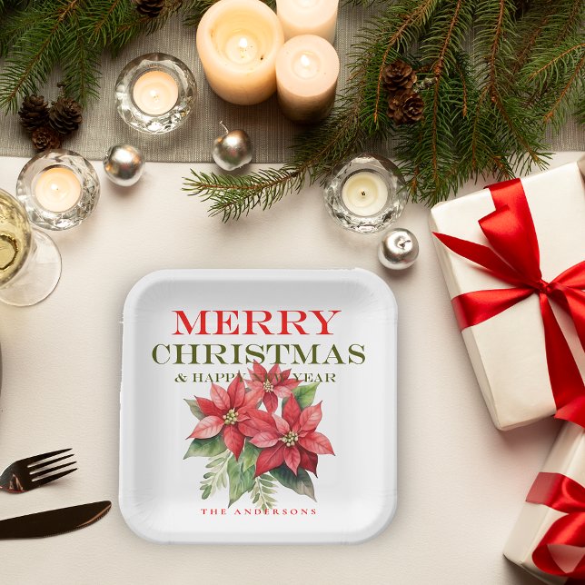 Hübsch Red Poinsettia Blume Frohe Weihnachten Part Pappteller (Pretty Red Poinsettia Flower Merry Christmas Party Paper Plates)