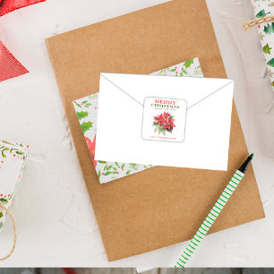 Hübsch Red Poinsettia Blume Name Frohe Weihnachten Quadratischer Aufkleber
