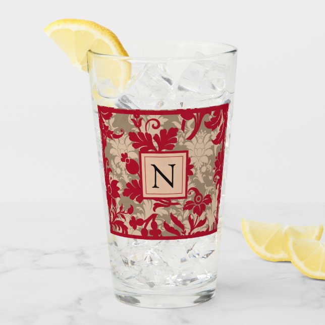 Hübsch Red Tan Damask Country Farm Glas (Vorderseite Ice)