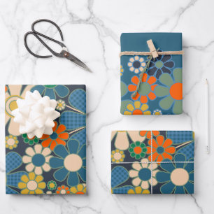 Hübsch Retro Vintag Moderne Blumenmuster Blau Geschenkpapier Set