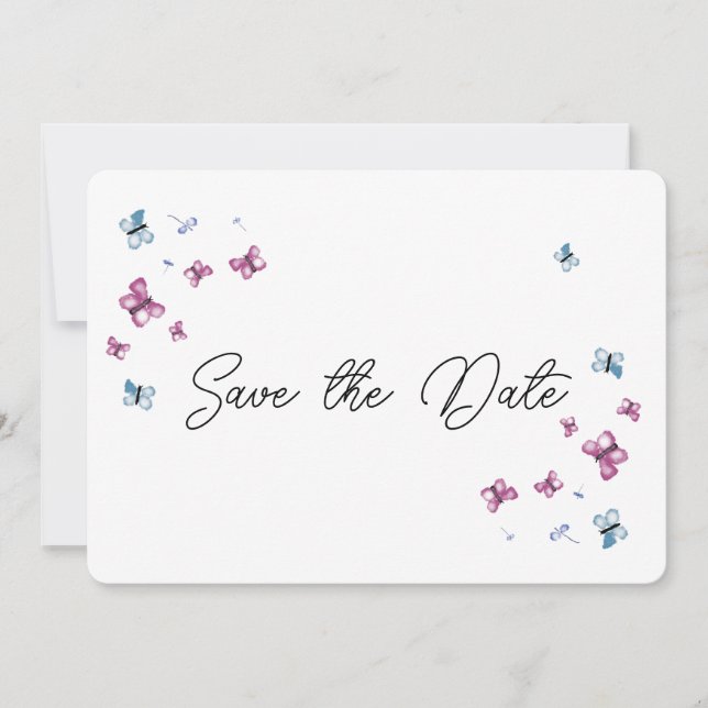 Hübsch rosa blaue Schmetterlingskarte Save the Dat Date (Vorderseite)