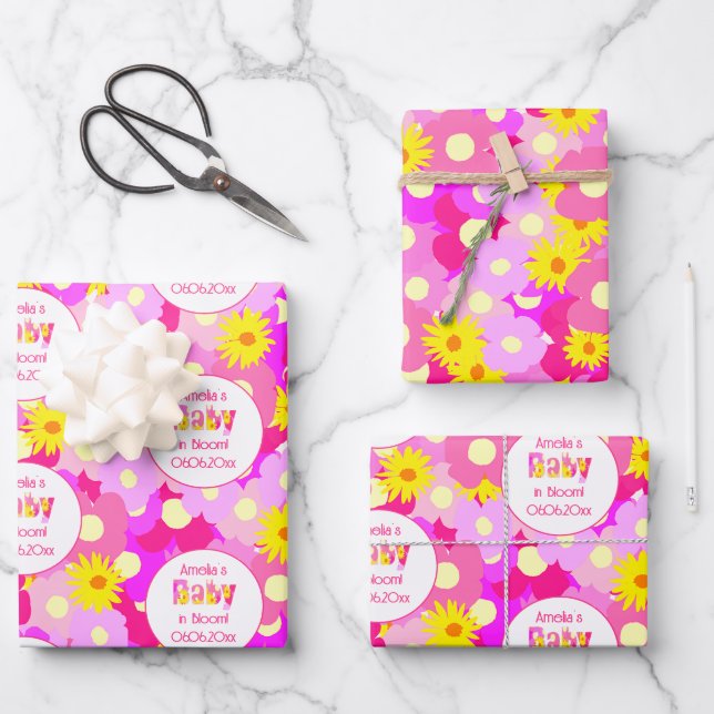 Hübsch rosa Blume Personalisiert Babydusche Geschenkpapier Set (Vorderseite)
