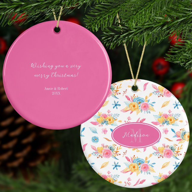 Hübsch rosa Blumenmuster Gruß Weihnachtsbaum Keramik Ornament (Von Creator hochgeladen)