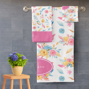 Hübsch rosa Blumenmuster Mit Monogramm Bad Badhandtuch Set