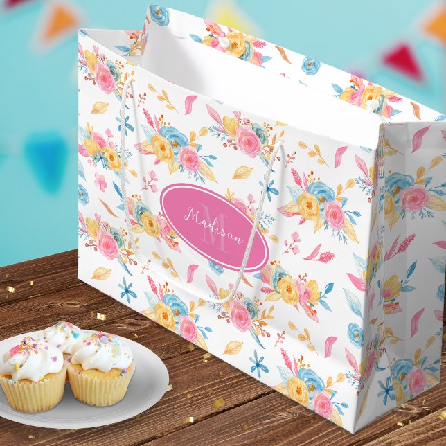 Hübsch rosa Blumenmuster Mit Monogramm Große Geschenktüte (Von Creator hochgeladen)