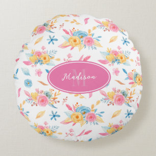 Hübsch rosa Blumenmuster Mit Monogramm Rundes Kissen