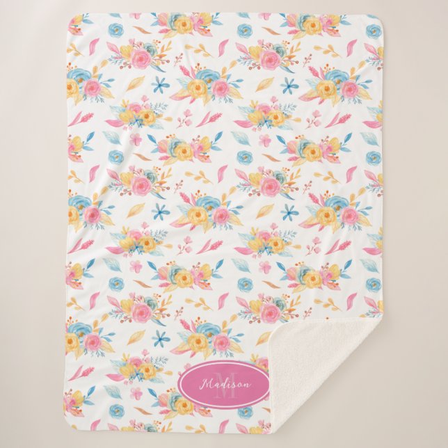 Hübsch rosa Blumenmuster Mit Monogramm Sherpadecke (Vorderseite)