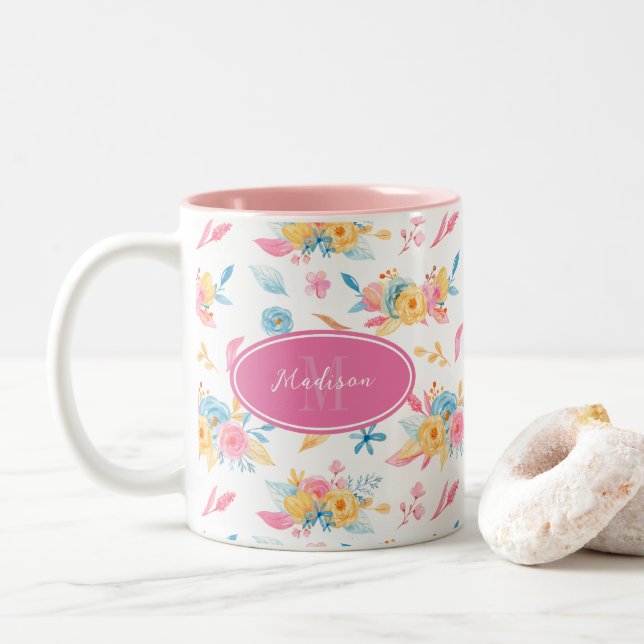Hübsch rosa Blumenmuster Mit Monogramm Zweifarbige Tasse (Mit Donut)