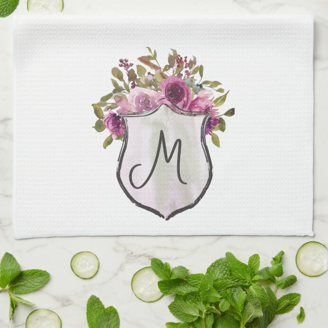 Hübsch rosa Burgundy Amour Floral Monogram Geschirrtuch (Gefaltet)