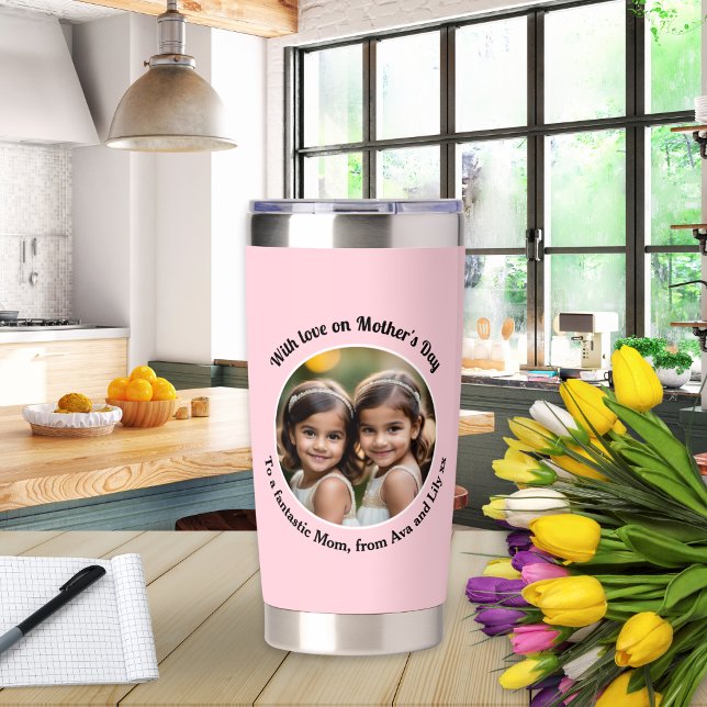 Hübsch rosa Eleganter Muttertag Custom Foto Chic Thermobecher (A pretty pink thermal tumbler for Mother's Day, with custom photo and text)