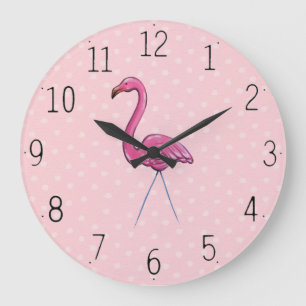 Hübsch rosa Flamingo auf Polka Dot Hintergrund Uh Große Wanduhr