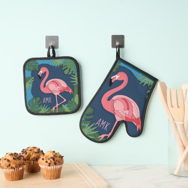 Hübsch rosa Flamingo mit dem Namen Ofenhandschuh & Topflappen-Set (Insitu (Hängend))