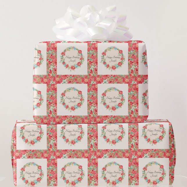 Hübsch rosa florales Glück Geburtstag Name Geschenkpapier (Von Creator hochgeladen)