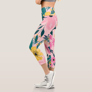 Hübsch rosa gelbe Blumen Capri Leggings
