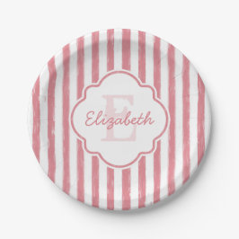 Hübsch rosa gestrichene Streifen Monogramm und Nam Pappteller