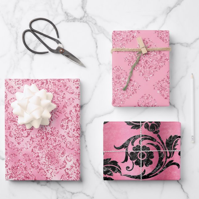 Hübsch rosa Glitzer Damask Glam Geschenk Geschenkpapier Set (Vorderseite)