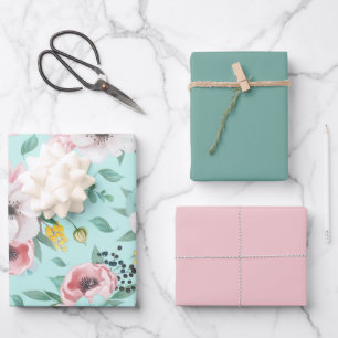 Hübsch-rosa-grüne Blume Geschenkpapier Set