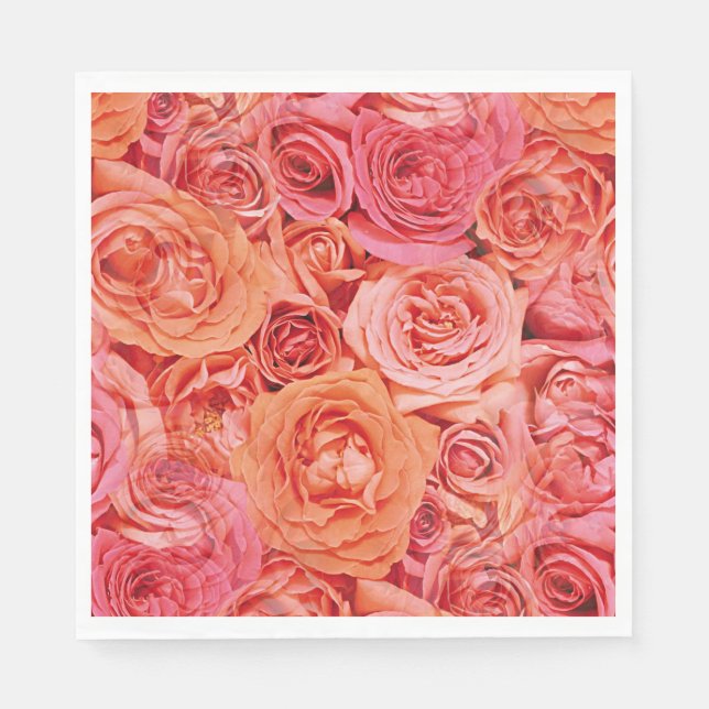 Hübsch rosa Korallenrot Orange Rose Blume Muster Serviette (Vorderseite)