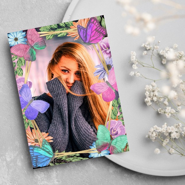 Hübsch Rosa Lila Blütenschmetterlinge Geburtstagsg Einladung (Pretty Pink Purple Floral Butterfly Birthday Photo Invitation )