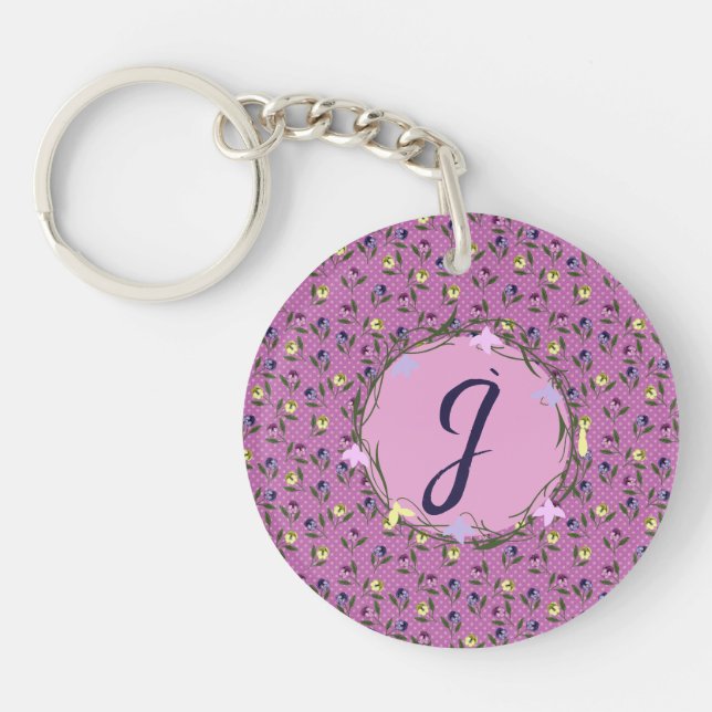 Hübsch rosa Lila und gelbe Stiefmütterchen Schlüsselanhänger (Vorderseite)