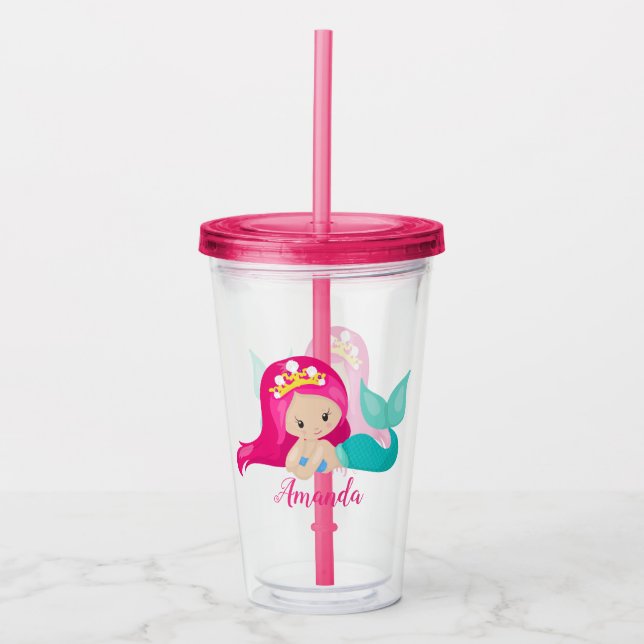 Hübsch rosa Mermaid Personalisiert Kids Child Acryltrinkbecher (Vorderseite)