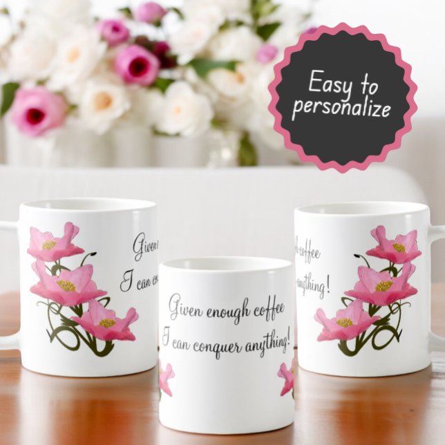 Hübsch rosa Mohnseite Personalisierter Text an der Tasse (mug design as seen from right of the handle, opposite the handle and left of the handle)
