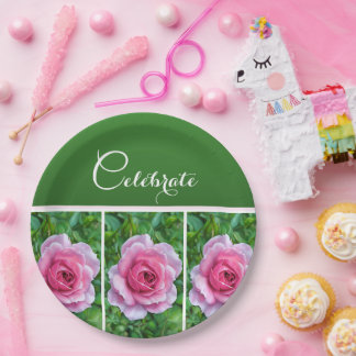 Hübsch rosa Rosen in einer Reihe - Papierplatte Pappteller