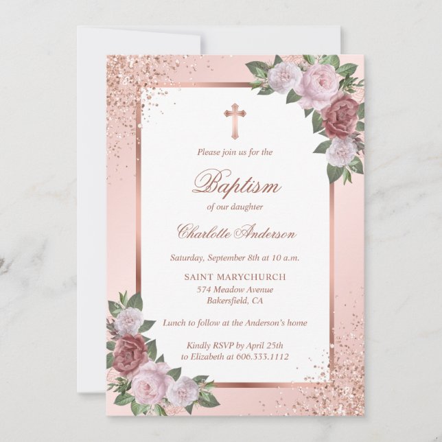 Hübsch Rosa Rosen Rose Gold Cross Taufe Einladung (Vorderseite)