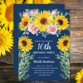 Hübsch Rosa Rosen Sonnenblumen Navy Blau 16. Einladung