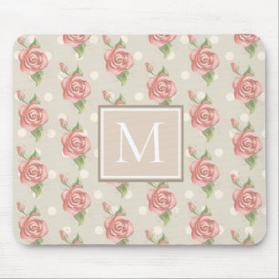 Hübsch-rosa Rosen und Dots Monogramm Mousepad
