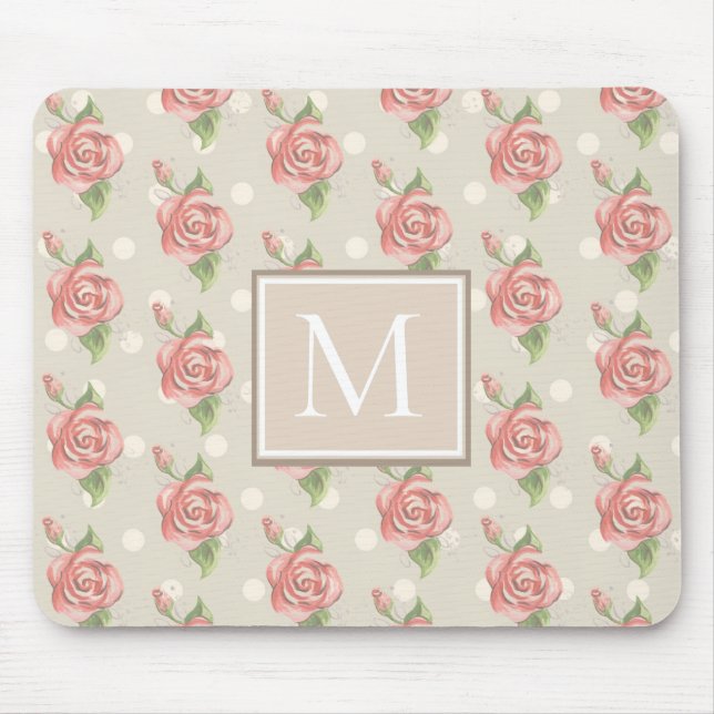 Hübsch-rosa Rosen und Dots Monogramm Mousepad (Vorne)