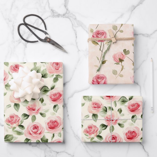 Hübsch Rosa Roses Brautparty Geschenkpapier Set (Vorderseite)