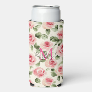 Hübsch rosa Roses Floral Monogramm Selters Dosenkühler