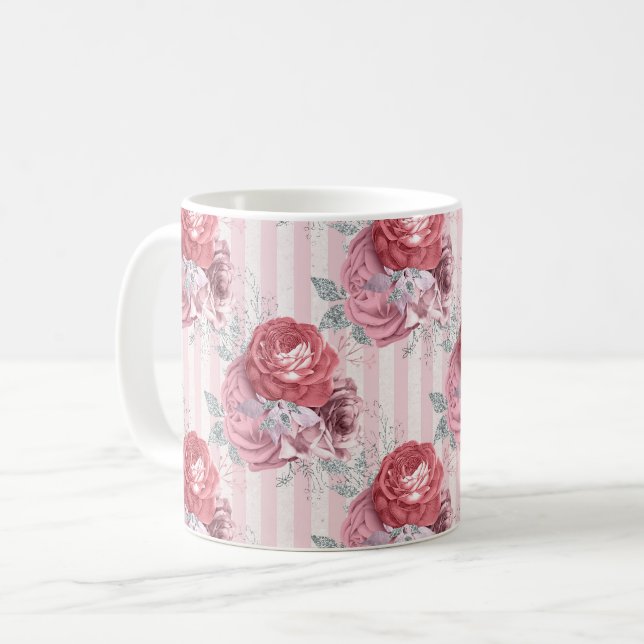 Hübsch rosa Streifen-Muster Kaffeetasse (Vorderseite Links)