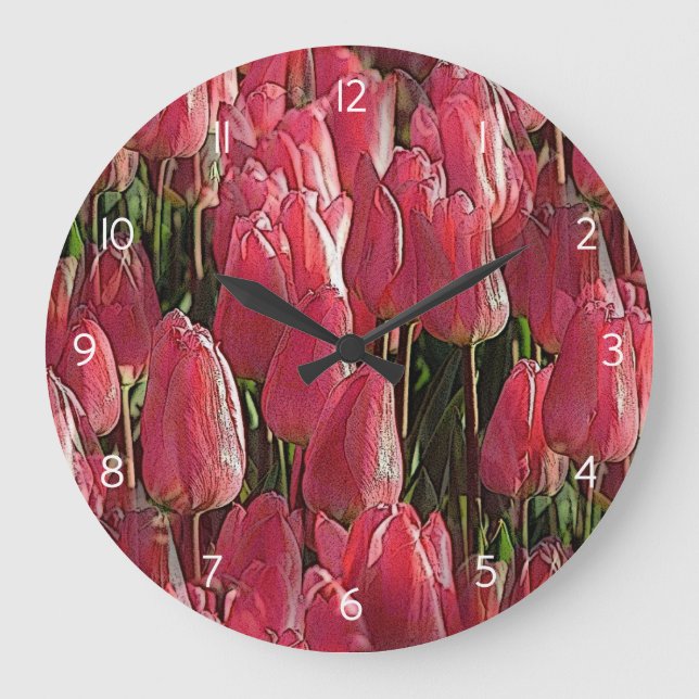 Hübsch-rosa Tulips Große Wanduhr (Vorderseite)