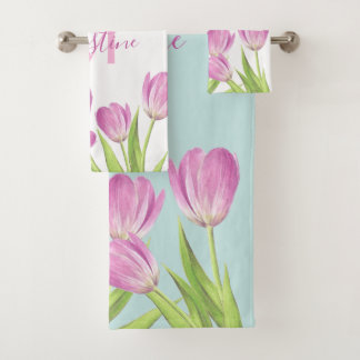 Hübsch rosa Tulips Spring Elegantes florales Monog Badhandtuch Set