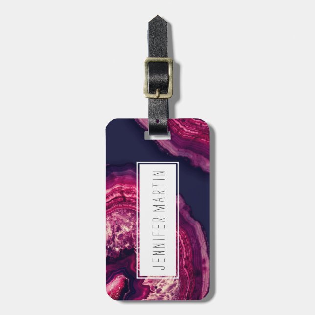 Hübsch rosa und Lila Agate Geode Stone auf blau Gepäckanhänger (Vorderseite vertikal)