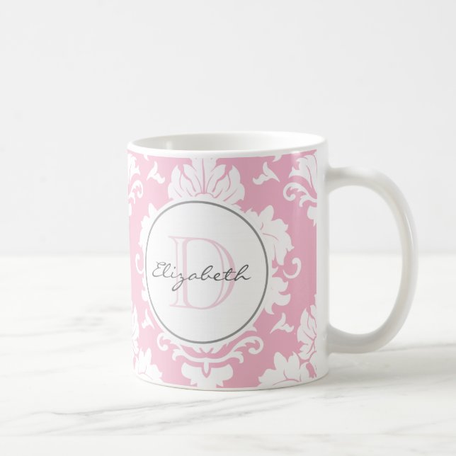 Hübsch rosa Vintage Damaske Mit Monogramm Tasse (Rechts)