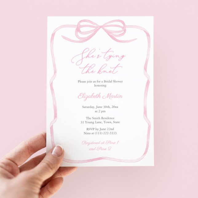 Hübsch rosa Zähmung des Brautparty des Knotens Einladung (Girly pink and white bow bridal shower invite with ribbon border and pink white striped reverse)