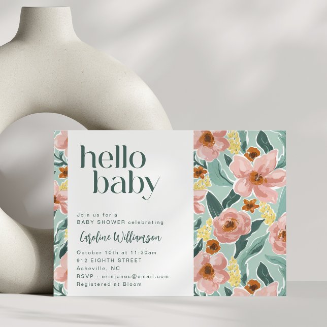Hübsch Sage Green Pink Floral Hallo Baby Dusche Einladung (Von Creator hochgeladen)