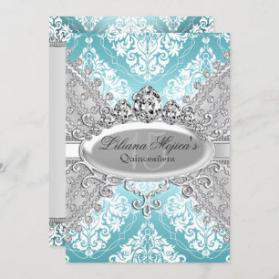 Hübsch Silver Blue Damask & Tiara Quinceanera Einladung