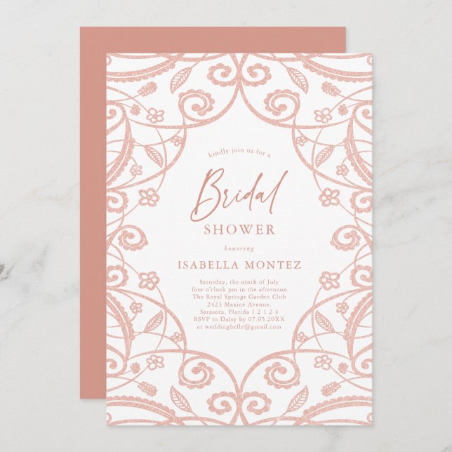 Hübsch Soft Rose Gold Floral Lace Brautparty Einladung (Vorne/Hinten)