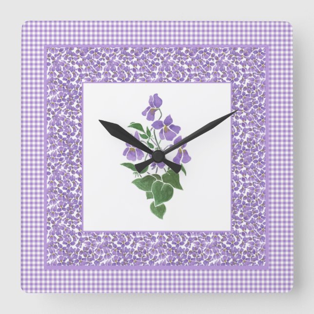 Hübsch Square Wall Clock Violets und Karo Gingham Quadratische Wanduhr (Vorderseite)