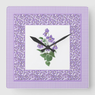 Hübsch Square Wall Clock Violets und Karo Gingham Quadratische Wanduhr