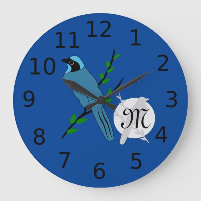 Hübsch-Türkis-Jay-Bird-Monogramm Große Wanduhr (Vorderseite)